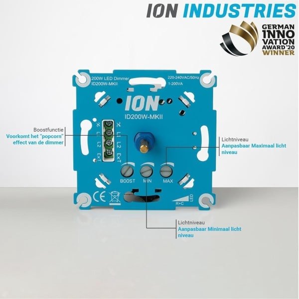 Award Winner Dimmer Fabrikant ION INDUSTRIES, Inbouw LED Dimmer 0.3-200 Watt (ID200W-MKII), knipperende LED? Slecht dimbaar? Niet instelbaar? De ION Dimmer is de oplossing! | ION INDUSTRIES