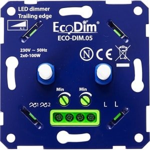 EcoDim - LED DUO Dimmer - ECO-DIM.05 - Fase Afsnijding RC - Dubbele Inbouwdimmer - Dubbel Knop - 0-100W