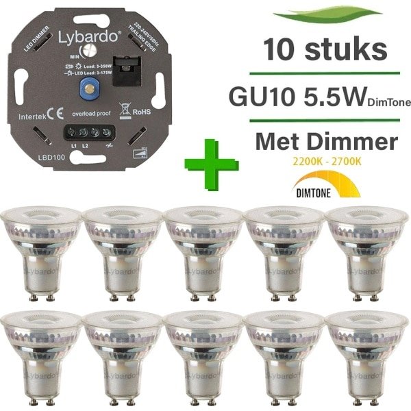 GU10 LED lamp - 10 pack - 5.5W - Dim to warm dimbaar 2200K-2700K + LED dimmer 0-175W