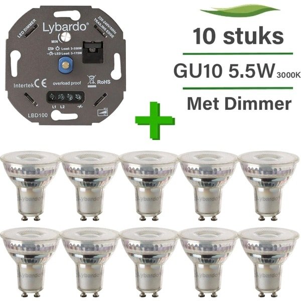 GU10 LED lamp - 10-pack - 5.5W - Dimbaar - Warm wit + LED dimmer 0-175W