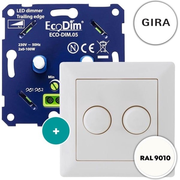 Gira duo led dimmer, ECO-DIM.05, druk/draai, kleine inbouwdiepte, 2x 100W LED, inclusief wit afdekmateriaal passend in Gira ST55 serie