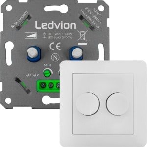 Ledvion - LED Duo Dimmer 3-100 Watt, Incl. Witte Afdekplaat, Universeel, LED, Inbouw dimmer, Fase-afsnijdbaar