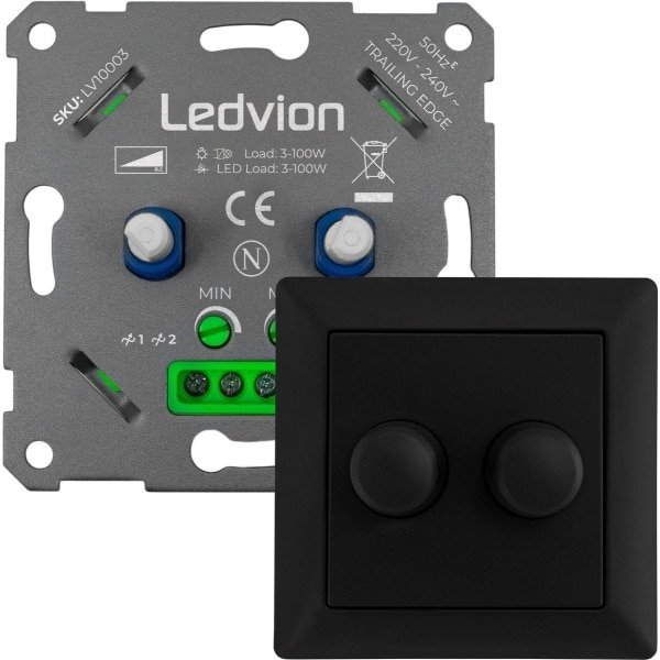 Ledvion - LED Duo Dimmer 3-100 Watt, Incl. Zwarte Afdekplaat, Universeel, LED, Inbouw dimmer, Fase-afsnijdbaar