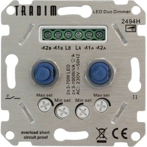 Tradim - LED Dimmer DUO inbouw - 3-100W - Fase afsnijding - Hotelschakelaar functie